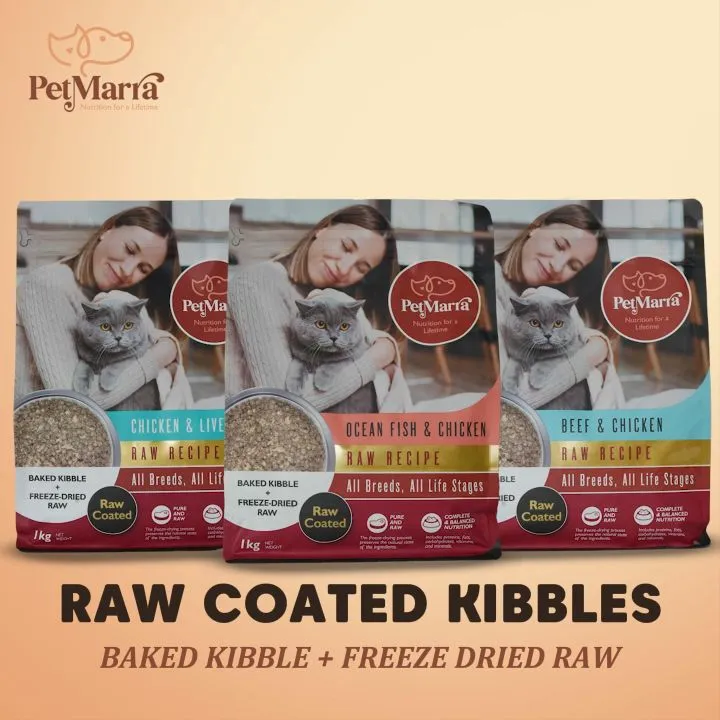 PetMarra Raw Coated Cat Dry Food All Life Stages (1kg, Chicken and Liver)